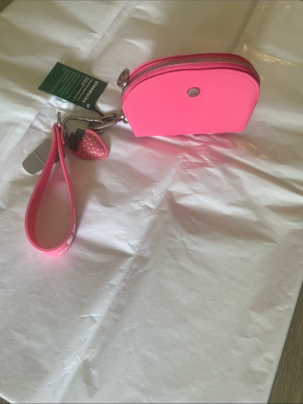 BNWT Starbucks Hot Pink Wristlet Coin Pouch with Strawberry Charm